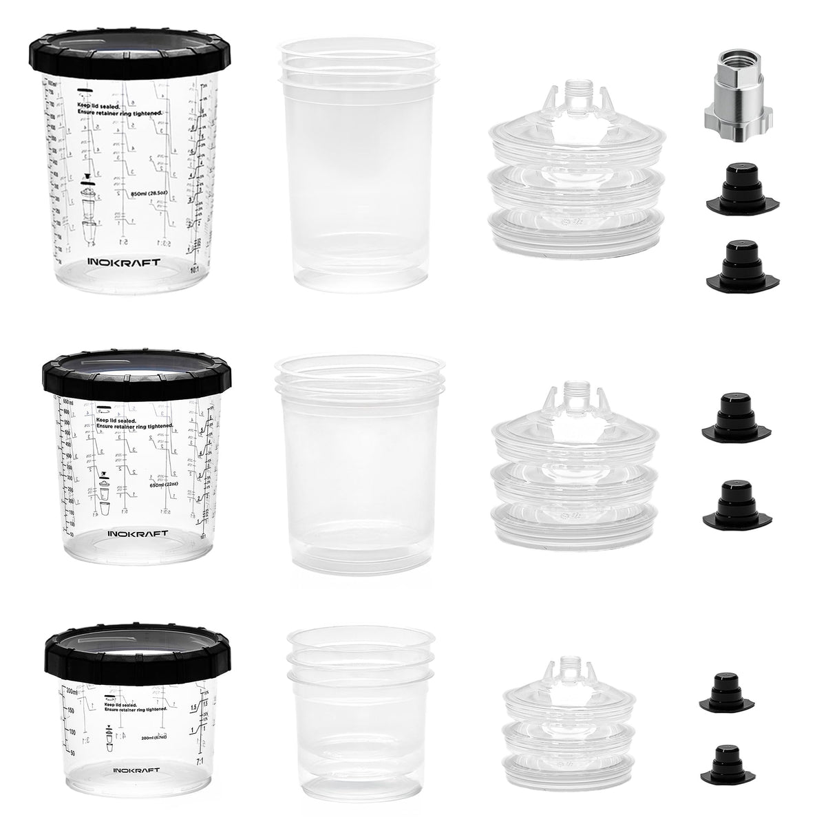 InoKraft Disposable Paint Spray Gun Cup, Paint System for HVLP and LVLP Paint Spray Paint Gun, Standard 22 Ounce (650ml) Kit with 45 Cups and Lids System, 1 Hard Cup with Retainer Ring and 20 Plugs