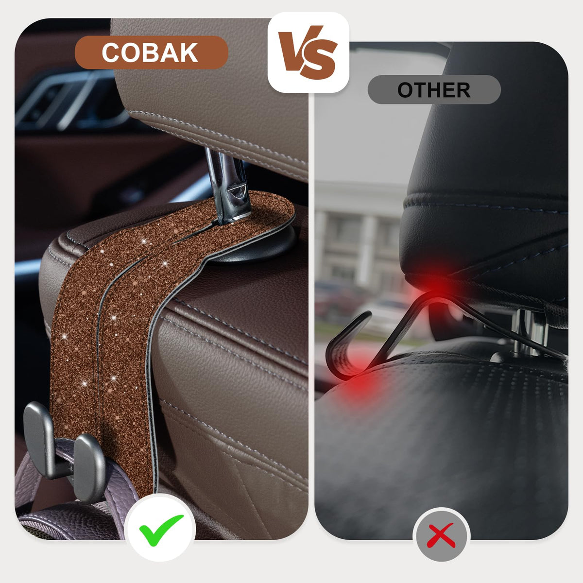 CoBak Purse Hook for Car - Universal Premium Stitched Leather and Aluminum-Magnesium Alloy Double Car Seat Back Storage Hook for Purses, Handbags, Bags (2 Pack),Black