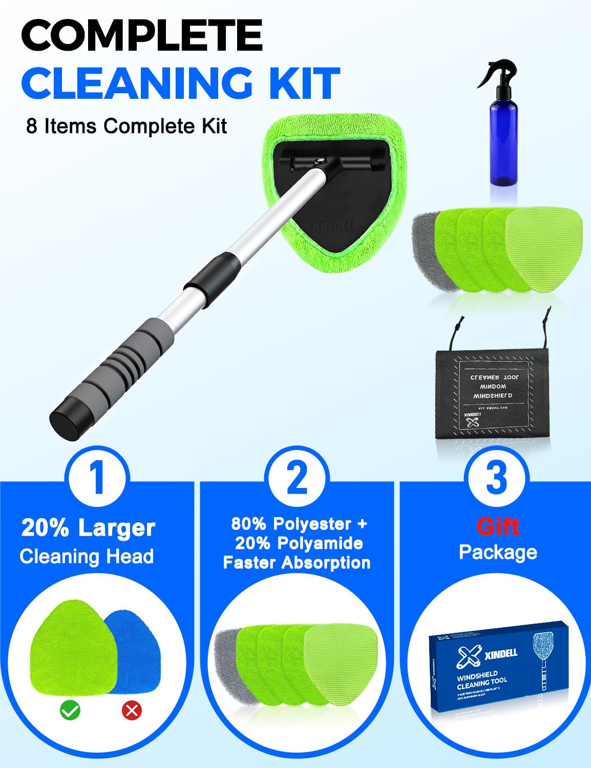 XINDELL Interior Windshield Cleaner Tool – Car Interior Window Cleaning Kit with Extendable Handle & 4 Microfiber Pads, Auto Wiper Inside Compact Windshield Brush for Car & Home Windows