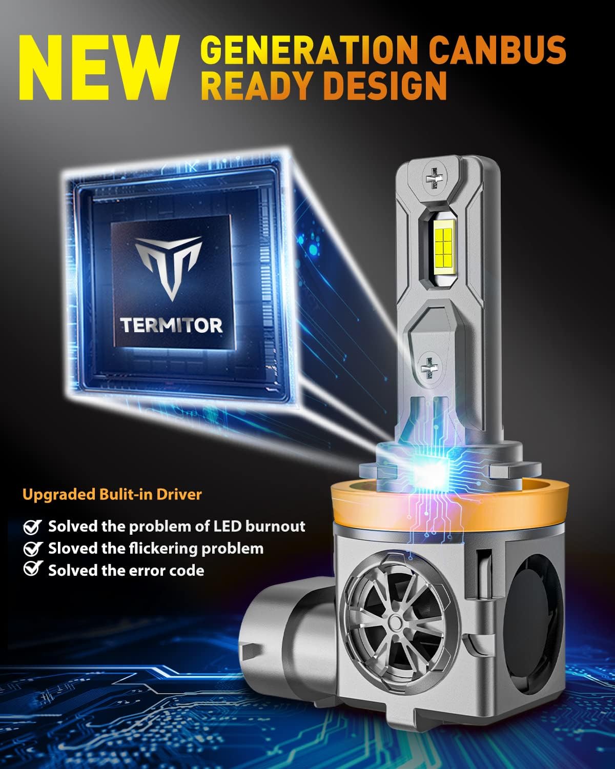Termitor Latest-Gen 9005/HB3 Light Bulbs, 1000% 60000LM High Output, 1:1 Halogen Size, 6500K Cool White, IP68 Waterproof Fog Light with Cooling Fan, Plug and Play, Pack of 2