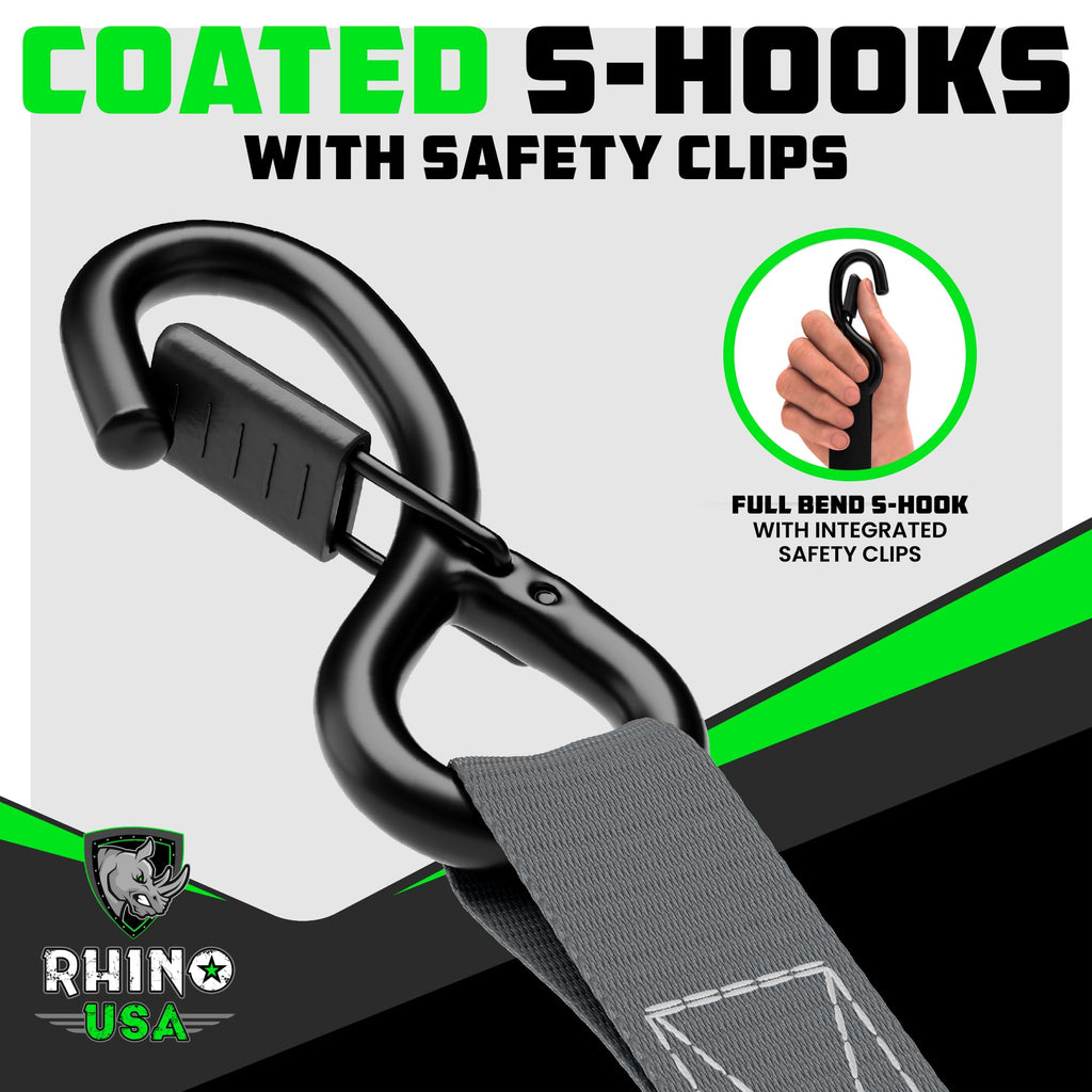 Rhino USA Ratchet Straps Tie Downs (4-Pack) - 1in x 15ft with S Hooks