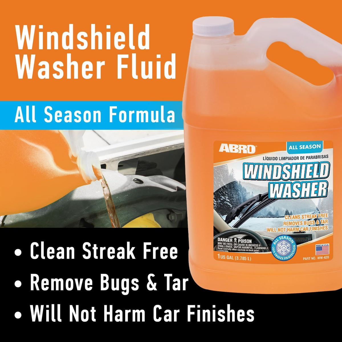 ABRO Windshield Washer Fluid 1 Gallon, Streak-Free Bug Remover, 1 Pack