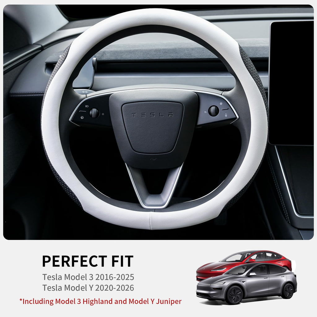 Uxcer Nappa Leather Steering Wheel Cover Compatible with Tesla Model 3/Y 2016-2025 2026 Juniper/Highland, Non-Slip Breathable Model 3/Y Steering Wheel Protector, Black