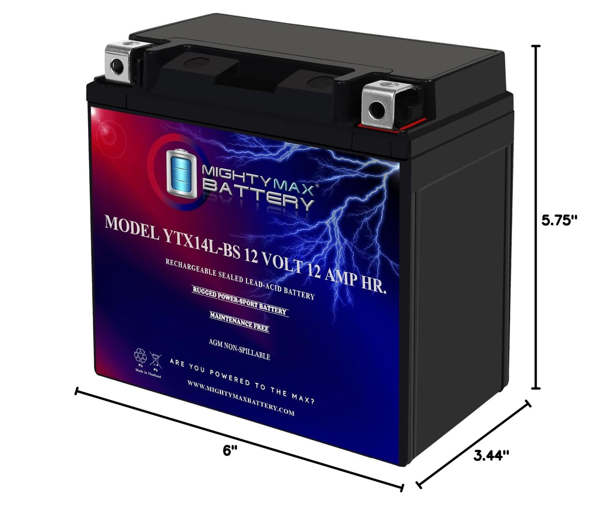 Mighty Max Battery YTX14-BS - 12 Volt 12 AH, 200 CCA, Rechargeable Maintenance Free SLA AGM Motorcycle Battery