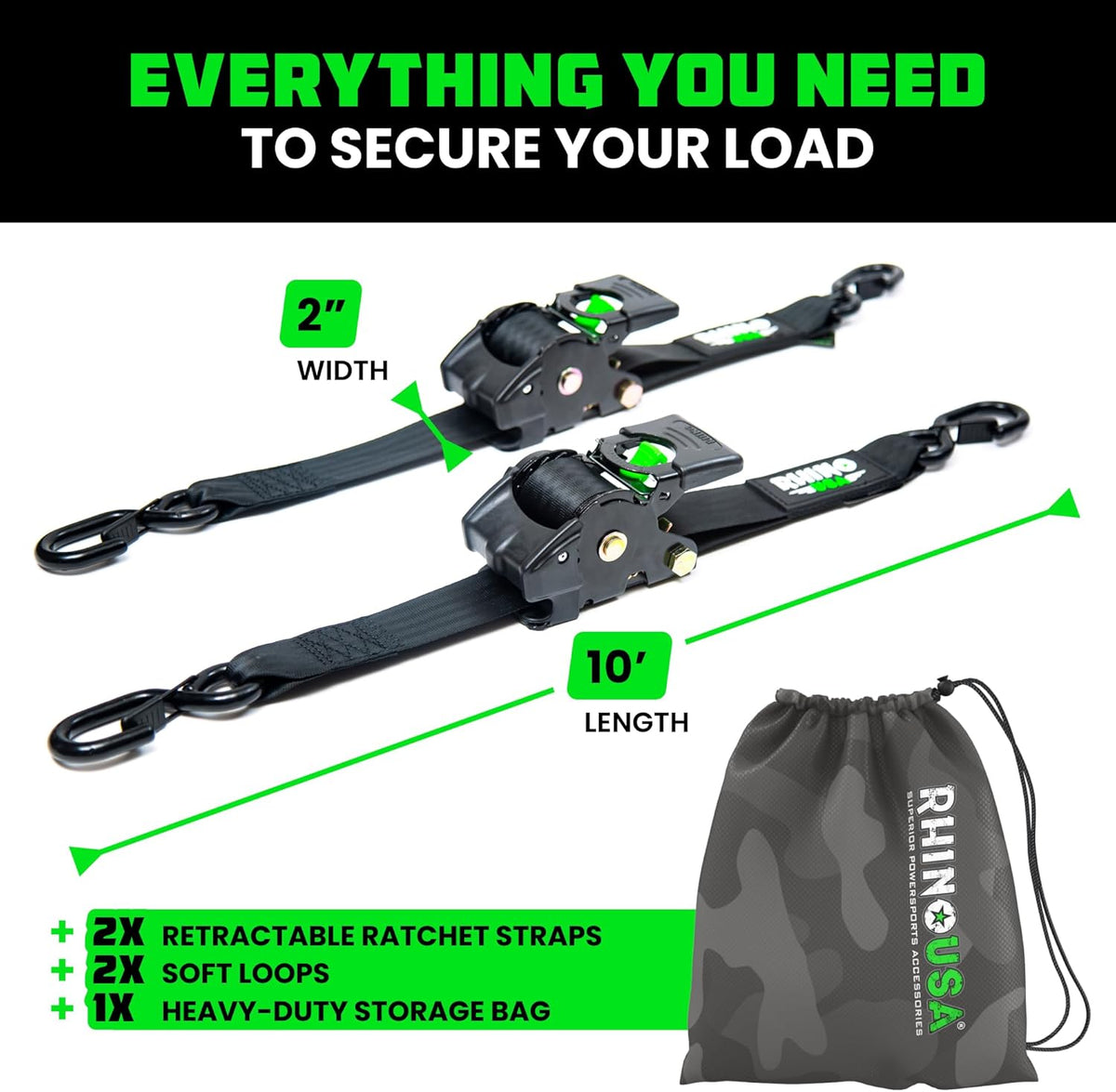 Rhino USA Retractable Ratchet Straps (2-Pack) - 2in x 10ft, 3,033lb, Black