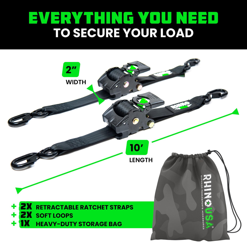 Rhino USA Retractable Ratchet Straps (2-Pack) - 2in x 10ft, 3,033lb, Black