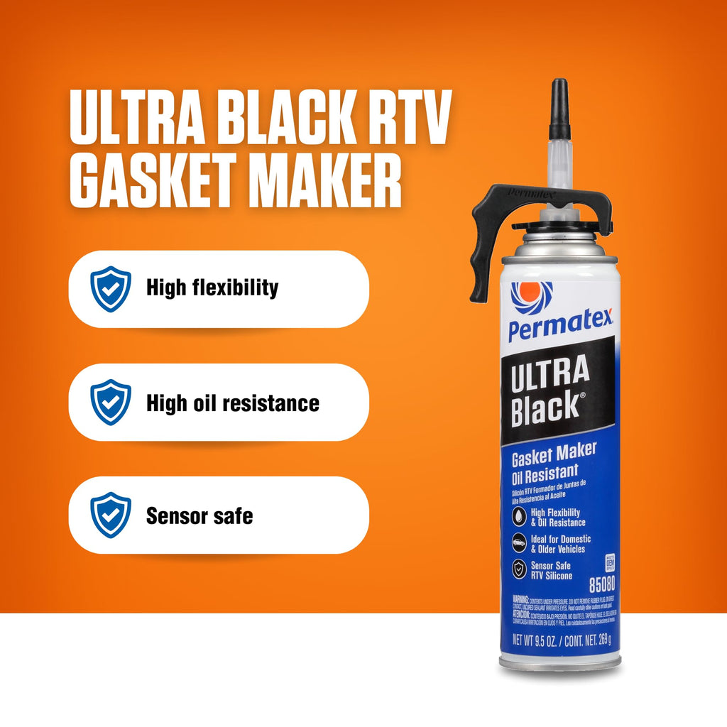 Permatex 82180 Ultra Black Maximum Oil Resistance RTV Silicone Gasket Maker, Sensor Safe and Non-Corrosive, for High Flex and Oil Resistant Applications 3 oz