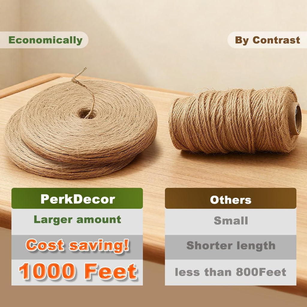 1000FT Natural Jute Twine String Bulk Hemp Rope Cord for Crafts Gardening Gift Wrapping Wedding Décor Packing Material Burlap Ribbon Christmas Knitting Macrame Decoration (Brown 2mm* 1000ft)