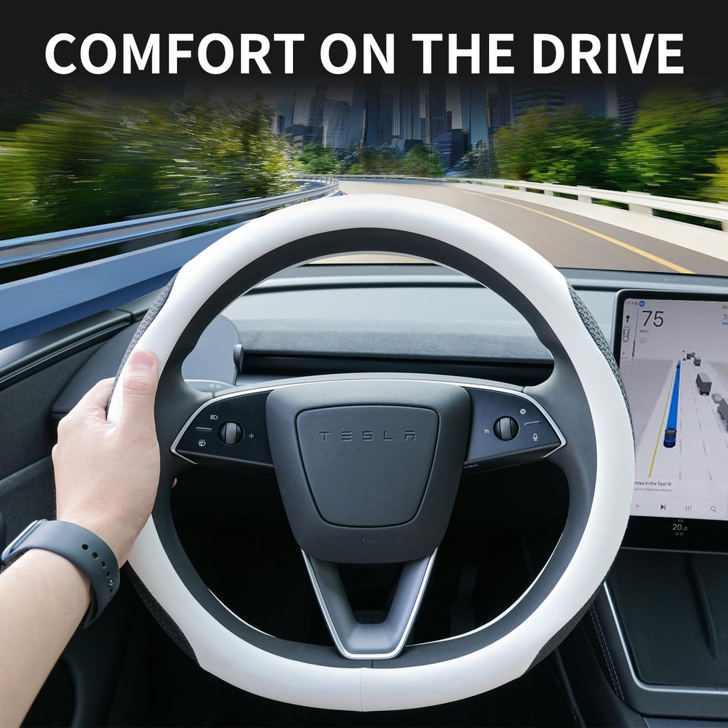 Uxcer Nappa Leather Steering Wheel Cover Compatible with Tesla Model 3/Y 2016-2025 2026 Juniper/Highland, Non-Slip Breathable Model 3/Y Steering Wheel Protector, Black