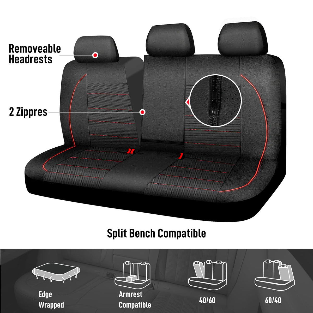 CAR PASS Universal FIT Piping Leather Two Front Seat Covers, Waterproof Faux Leather for SUV Sedan Van Truck, Airbag Compatible,Reserved Opening Holes for Headrest Covers. (Black red)