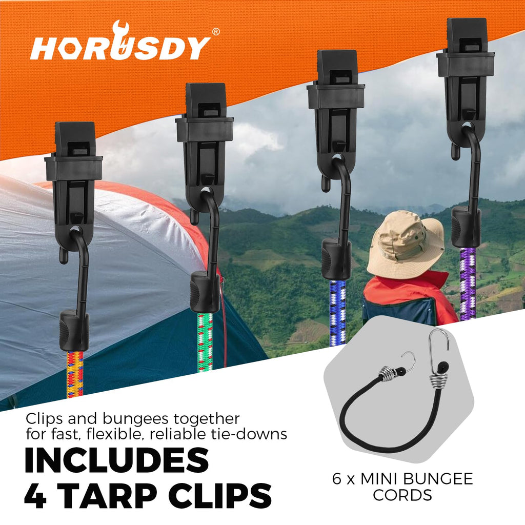 HORUSDY 31-Piece Premium Bungee Cords Assortment Jar, Includes 10”,18”,24”,32”,40” Bungee Cords, 6“ Zip Ties, 8”Canopy/Tarp Ball Ties and Crocodile Mouth Tarp Clips