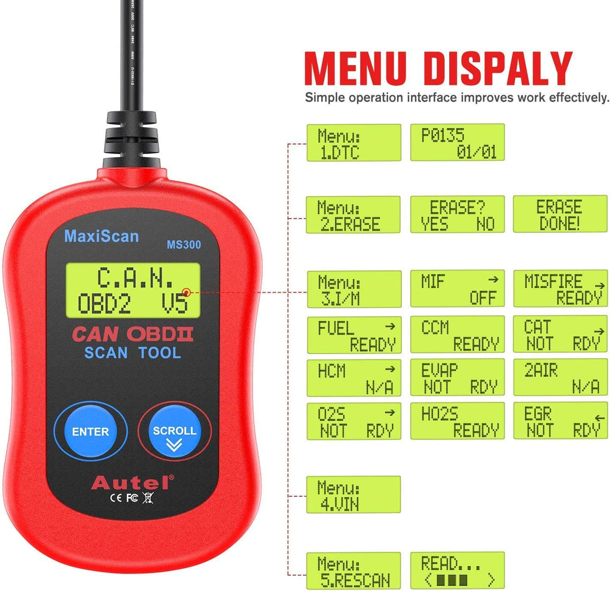 Autel MS300 OBD2 Scanner Code Reader, Turn Off Check Engine Light, Read & Erase Fault Codes, Check Emission Monitor Status CAN Diagnostic Scan Tool
