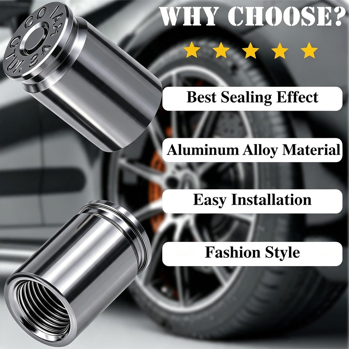 4PCS Bullet Shell Tire Valve Stem Caps, Aluminum Alloy Car Air Stem Cap, Universal Dustproof Tire Valve Stem Covers for Cars, SUV, Trucks, Bikes, Motorcycles, Bicycles (Black)