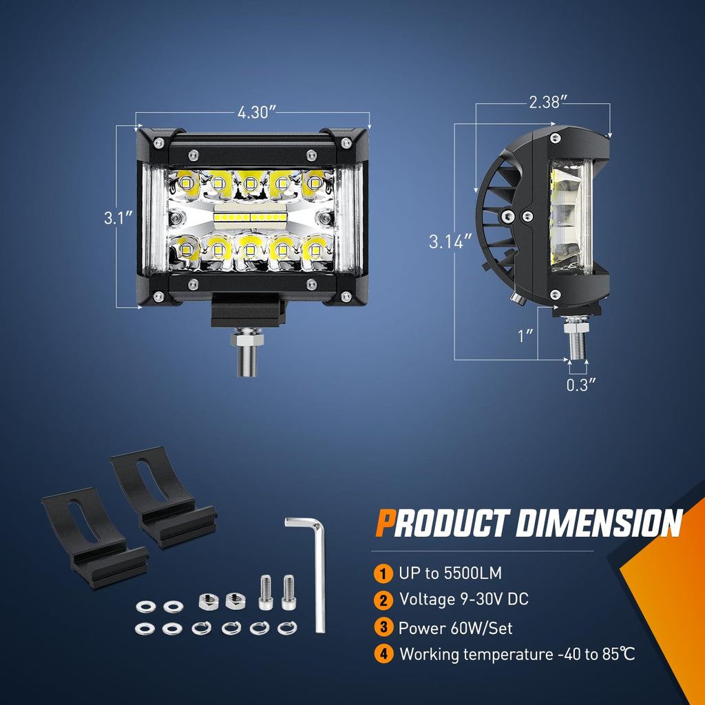 Nilight LED Light Bar 2PCS 60W 4 Inch Flood Spot Combo LED Work Light Pods Triple Row Work Driving Lamp with 12 ft Wiring Harness kit - 2 Leads