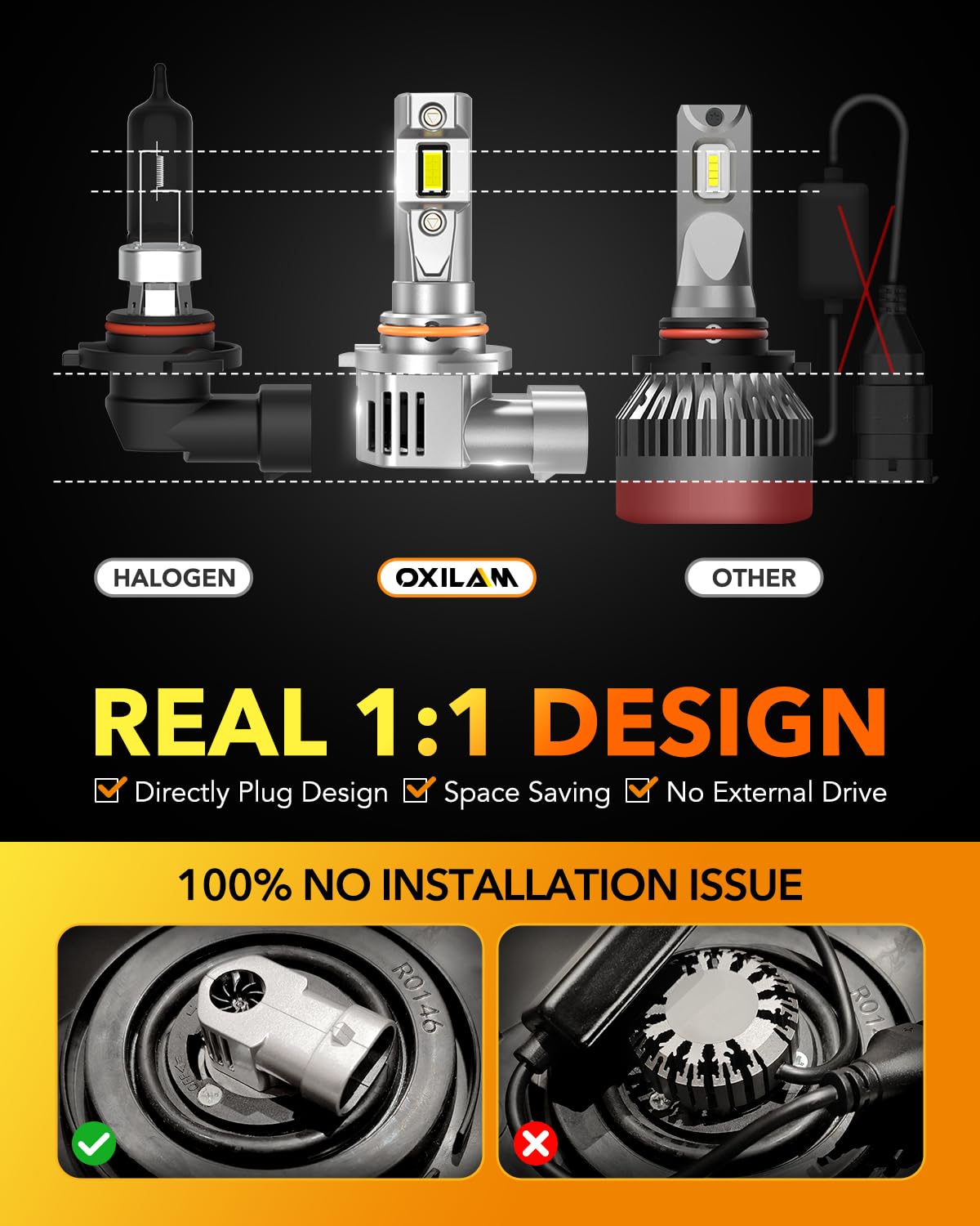 OXILAM H11 H8 H9 LED Bulb, 900% Ultra-Brightness, 5 Min Quick Install, 70000 Hours Lifespan, No Flicker, Plug and Play, Pack of 2