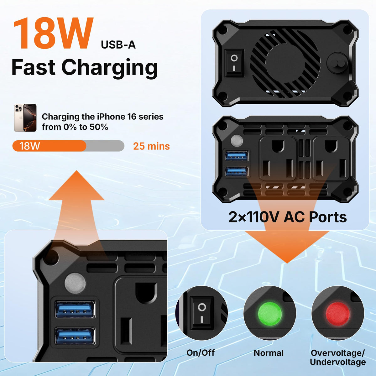 400W Car Power Inverter for Vehicles DC 12V to AC 110V Inverter