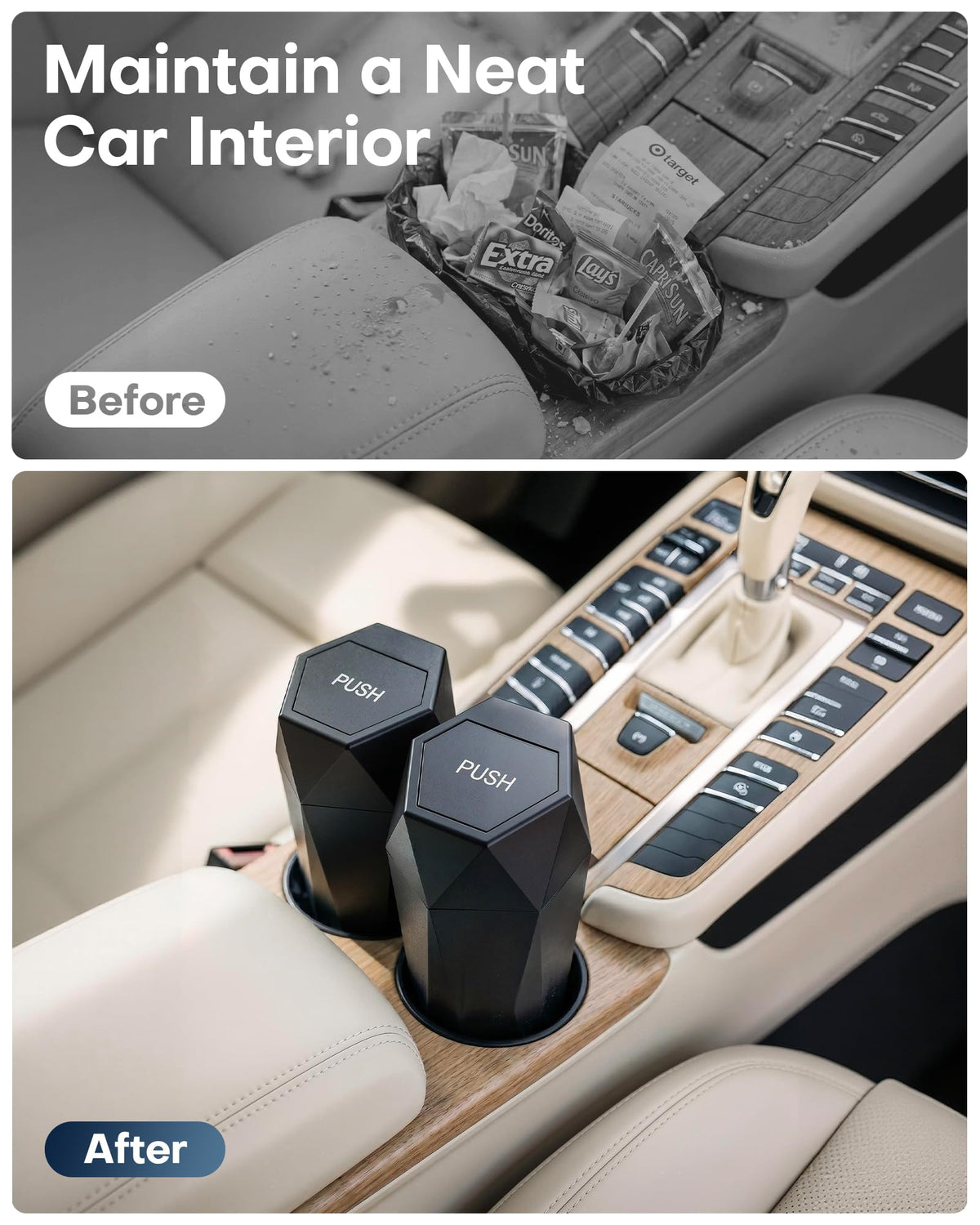 HOTOR Car Trash Can with Lid, Leakproof, Black, 2 Pack