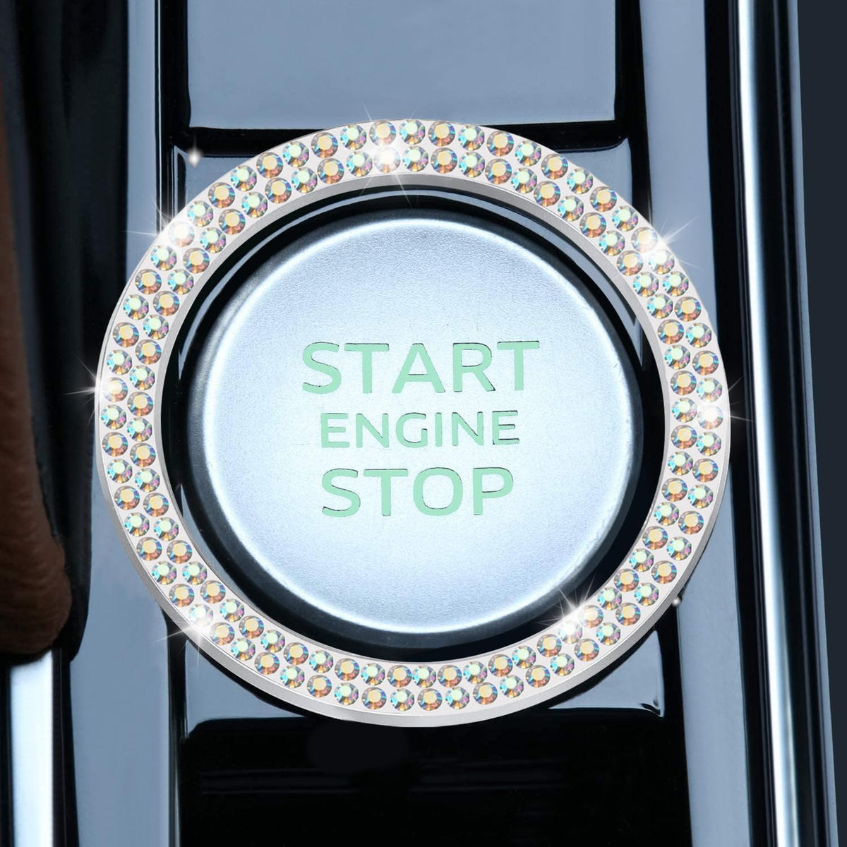 LivTee 2 PCS Crystal Double Rhinestone Car Engine Start Stop Decoration Ring, Bling Car Interior Accessories for Women, Push to Start Button Cover Sticker, Automotive Decals, White