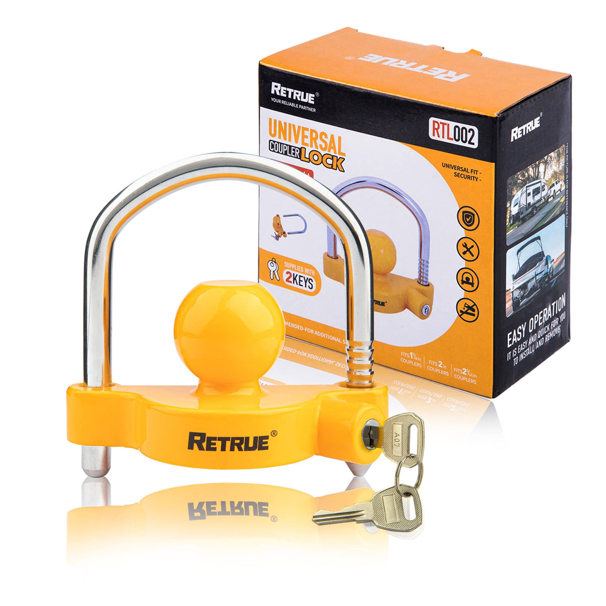RETRUE Universal Trailer Coupler Lock, Adjustable Hitch Lock, Bright Yellow