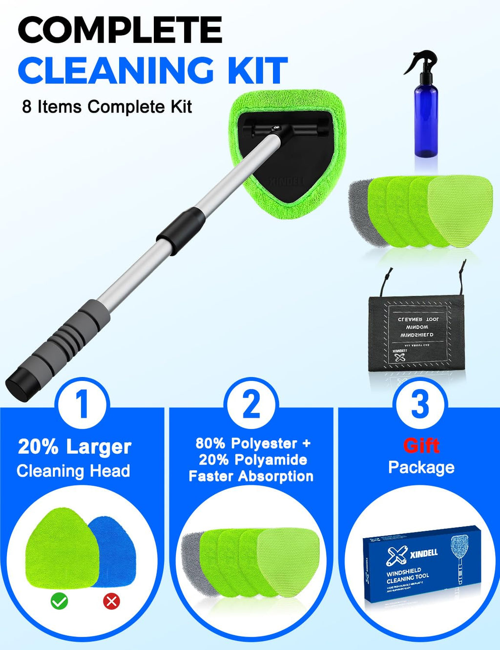 XINDELL Interior Windshield Cleaner Tool – Car Interior Window Cleaning Kit with Extendable Handle & 4 Microfiber Pads, Auto Wiper Inside Compact Windshield Brush for Car & Home Windows
