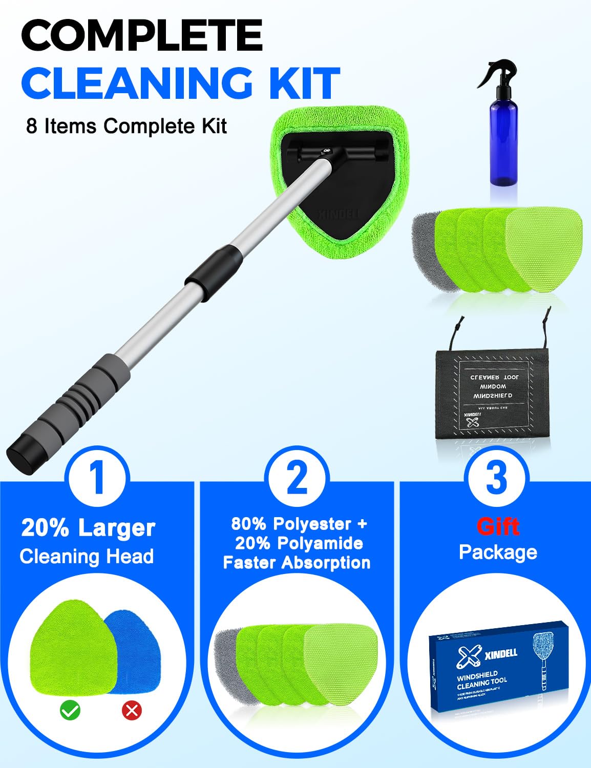 XINDELL Interior Windshield Cleaner Tool – Car Interior Window Cleaning Kit with Extendable Handle & 4 Microfiber Pads, Auto Wiper Inside Compact Windshield Brush for Car & Home Windows