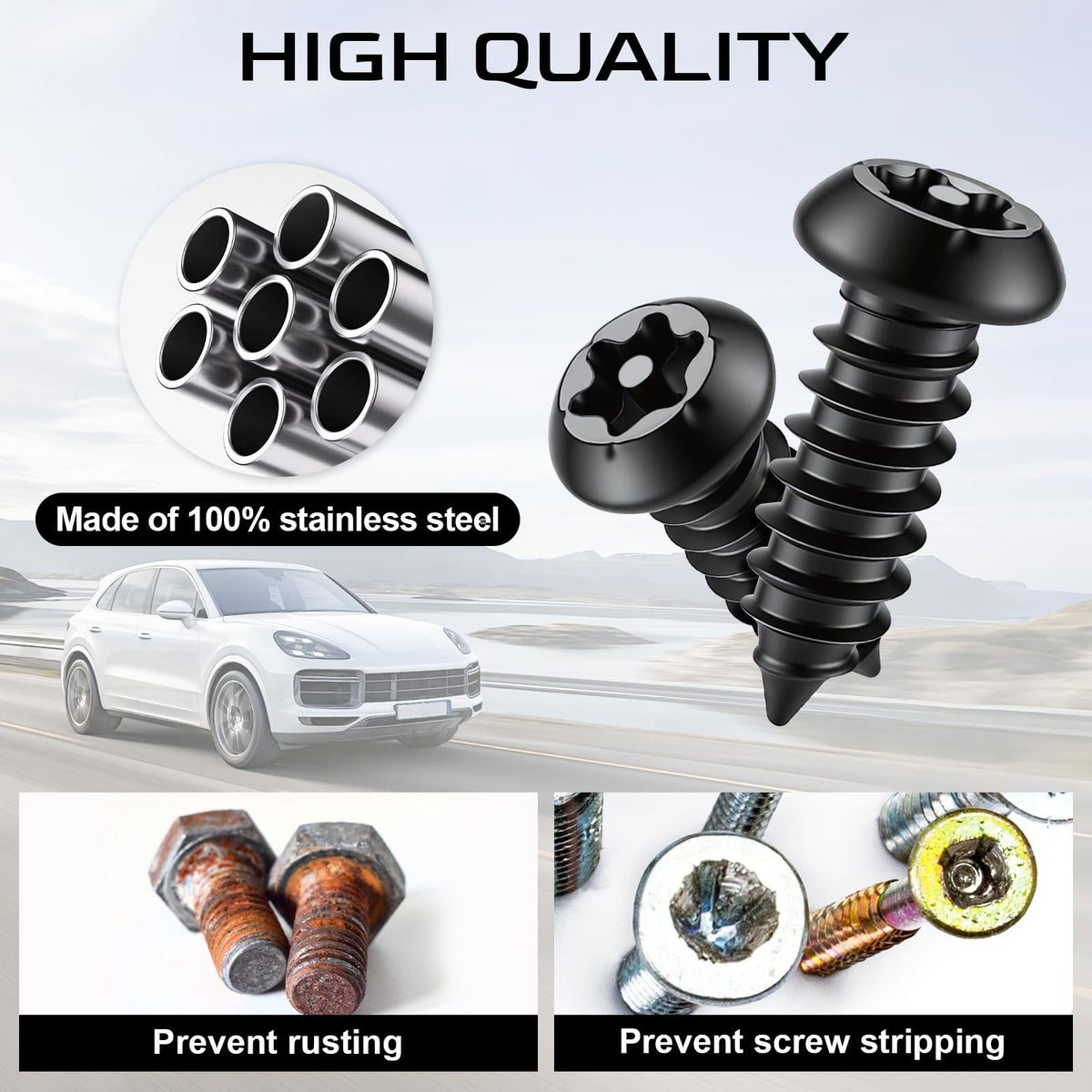 LivTee Rustproof License Plate Screws for Securing License Plates Frames and Covers on Cars and Trucks, 4 Sets Premium Stainless Steel Self Tapping Mounting Bolts (Black Zinc Plated)