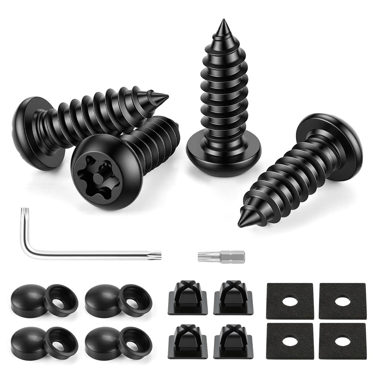 LivTee Rustproof License Plate Screws for Securing License Plates Frames and Covers on Cars and Trucks, 4 Sets Premium Stainless Steel Self Tapping Mounting Bolts (Black Zinc Plated)