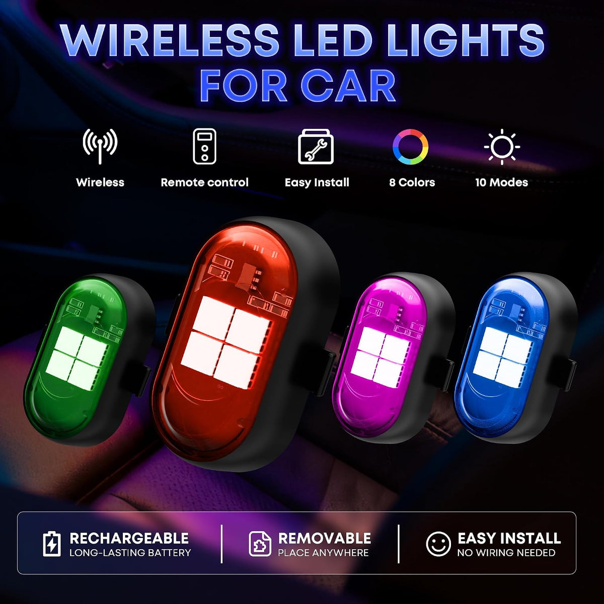 Wireless LED Lights for Car, Rechargeable Interior Car Lights