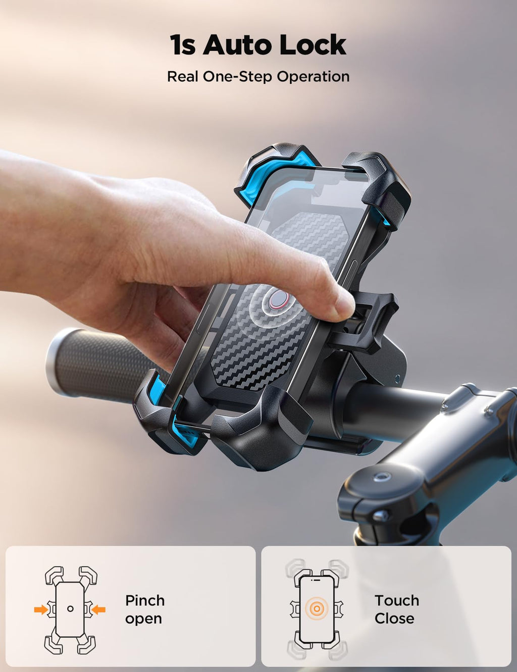 JOYROOM Motorcycle Phone Mount, [1s Auto Lock][100mph Military Anti-Shake] Bike Phone Holder for Bicycle, [10s Quick Install] Handlebar Phone Mount, Compatible with iPhone, Samsung, All Cell Phone