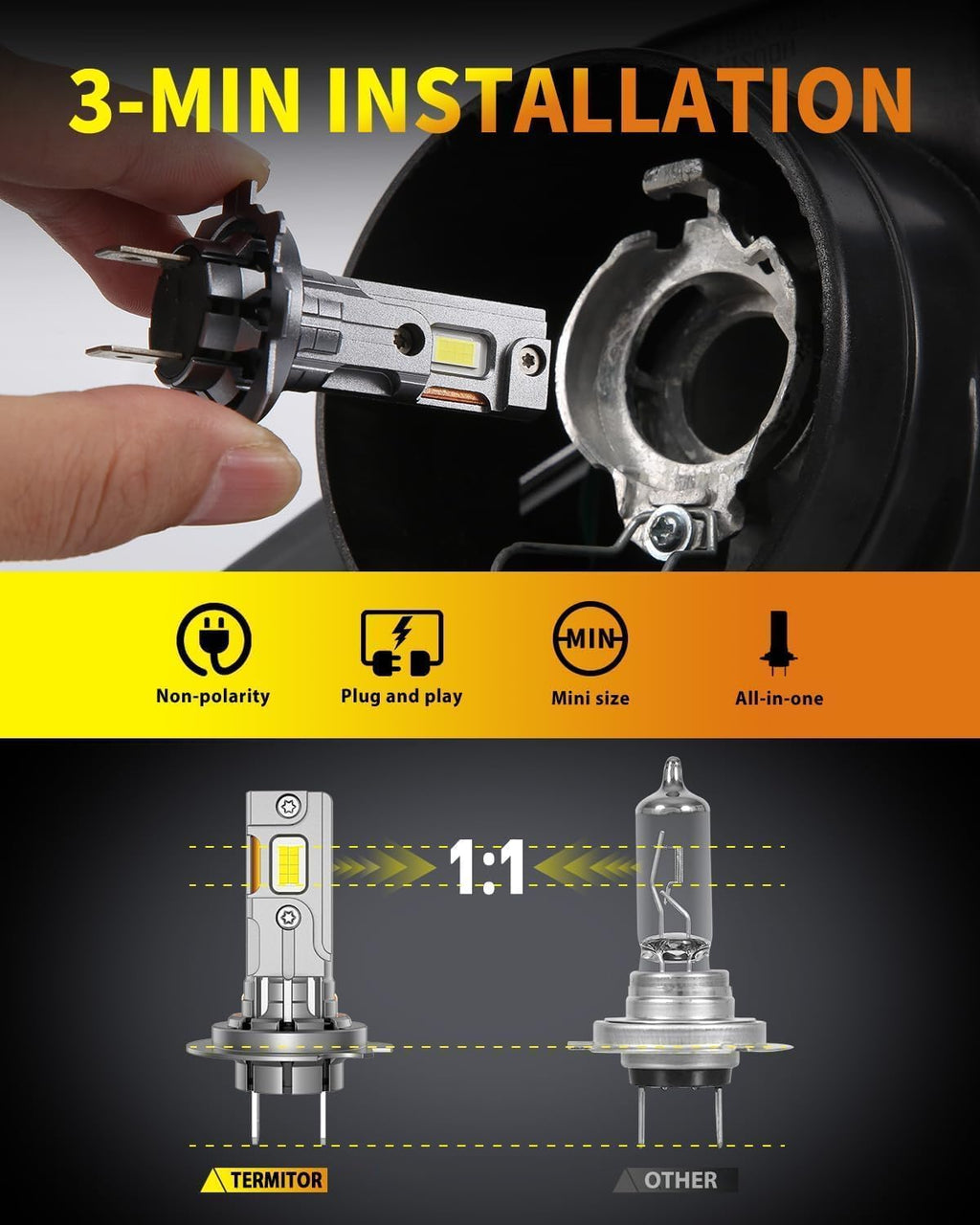 Termitor Upgraded 9007/HB5 LED Bulbs, 100,000LM Ultra Brightness Hi/Low, 6500K Cool White,1:1 Mini Halogen Size, 9007 Powersports Light with Cooling Fan, 3 Mins Install Plug and Play, Pack of 2