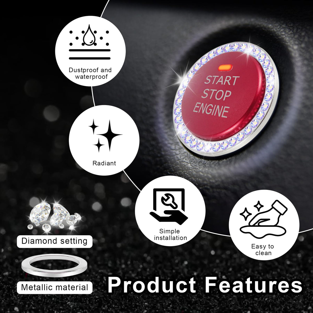 LivTee 2 PCS Crystal Double Rhinestone Car Engine Start Stop Decoration Ring, Bling Car Interior Accessories for Women, Push to Start Button Cover Sticker, Automotive Decals, White