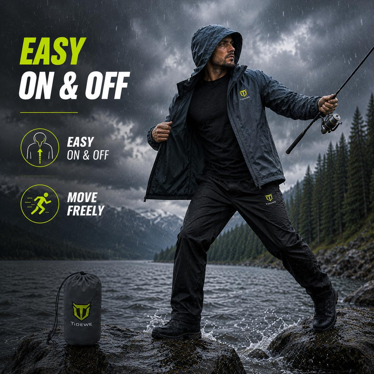 TIDEWE Rain Suit for Men, Waterproof Lightweight 2-Piece Rain Gear