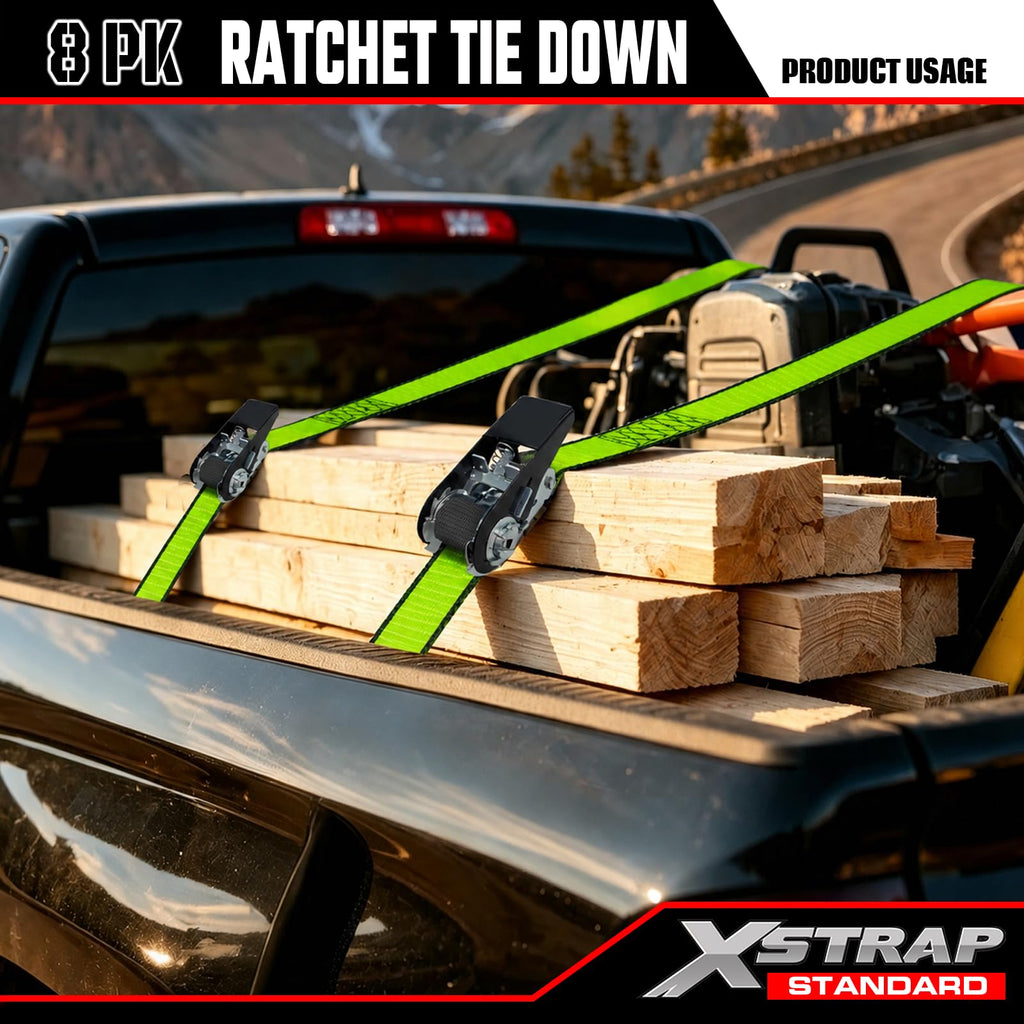 XSTRAP STANDARD 8-PK Ratchet Tie Down Straps, 1" x 10FT Cargo Straps, Black
