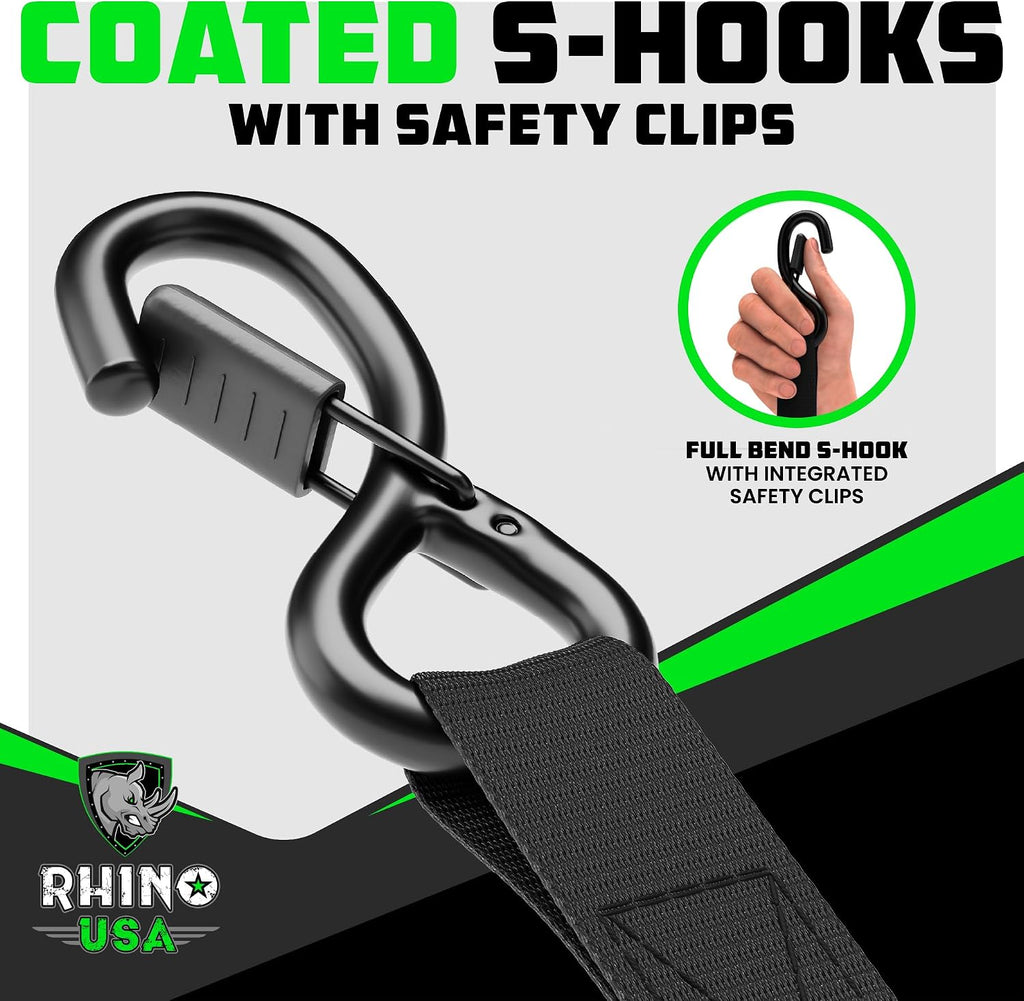 Rhino USA Ratchet Straps Tie Downs (4-Pack) - 1in x 15ft with S Hooks