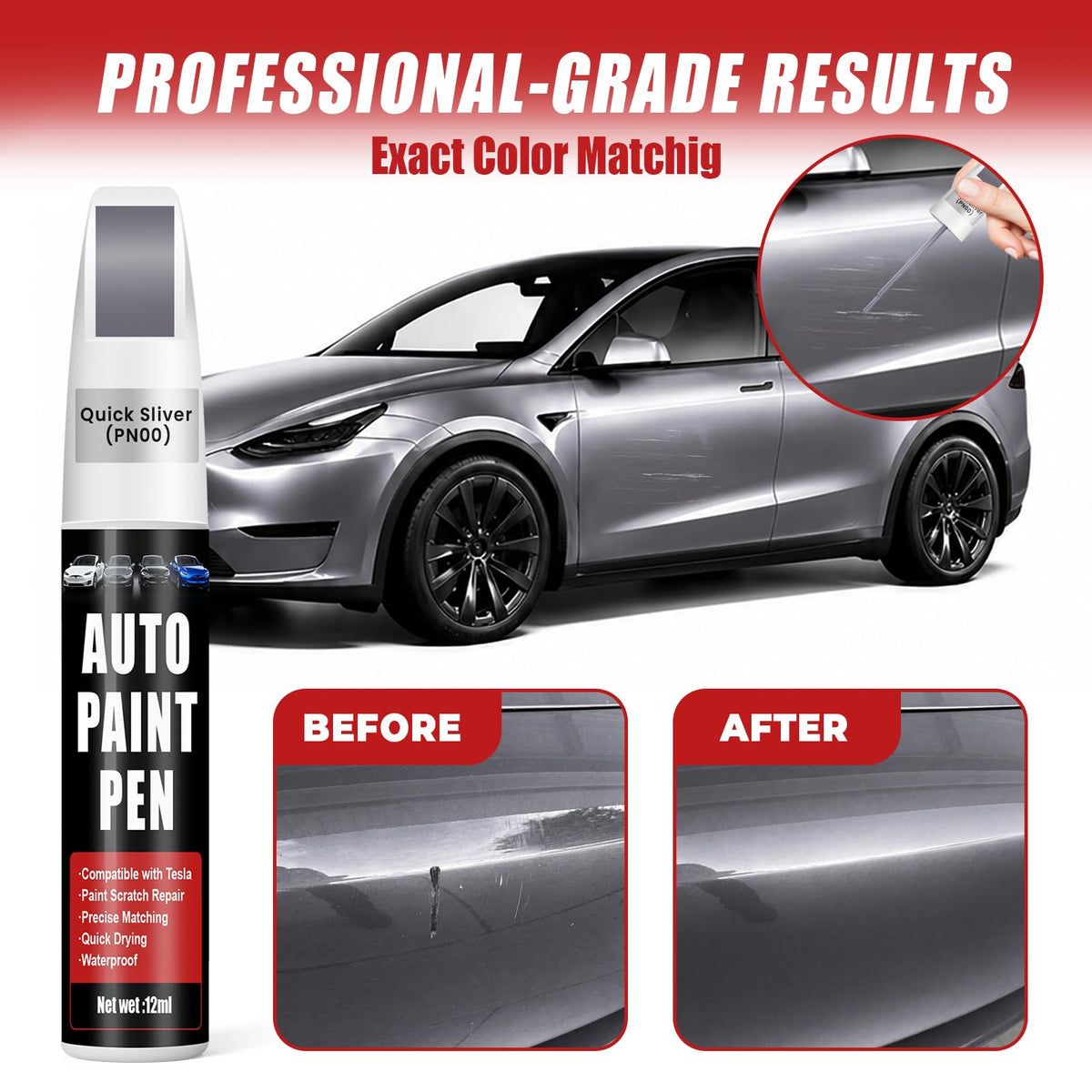 Touch Up Paint for Cars (Pearl White Multi-Coat PPSW), Compatible with Tesla Model Y/3/X/S, 0.4 fl oz Color Accurate 2-in-1 Car Paint Scratch Repair Pen, Easy to Use, Fast-Drying, Long-Lasting