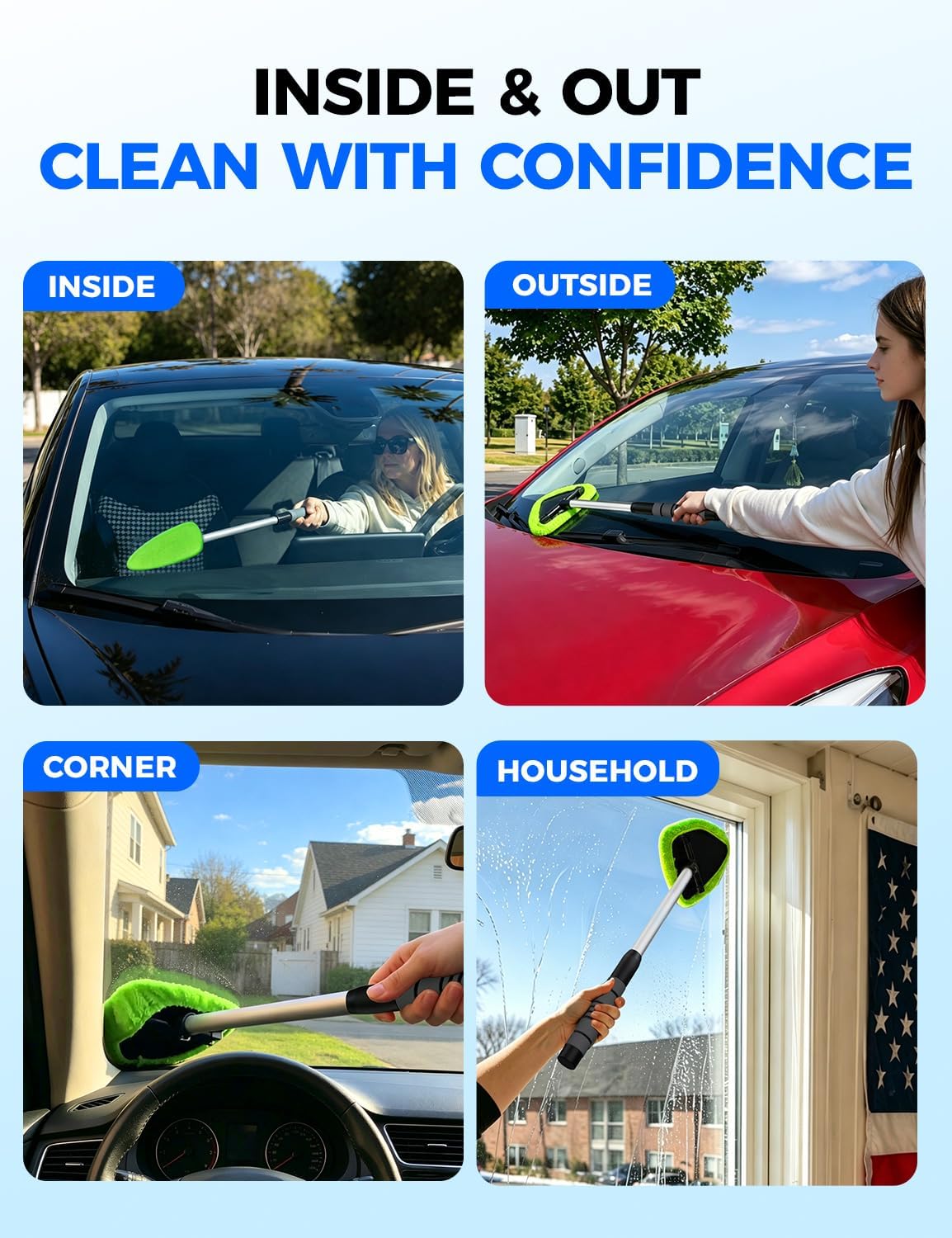 XINDELL Interior Windshield Cleaner Tool – Car Interior Window Cleaning Kit with Extendable Handle & 4 Microfiber Pads, Auto Wiper Inside Compact Windshield Brush for Car & Home Windows