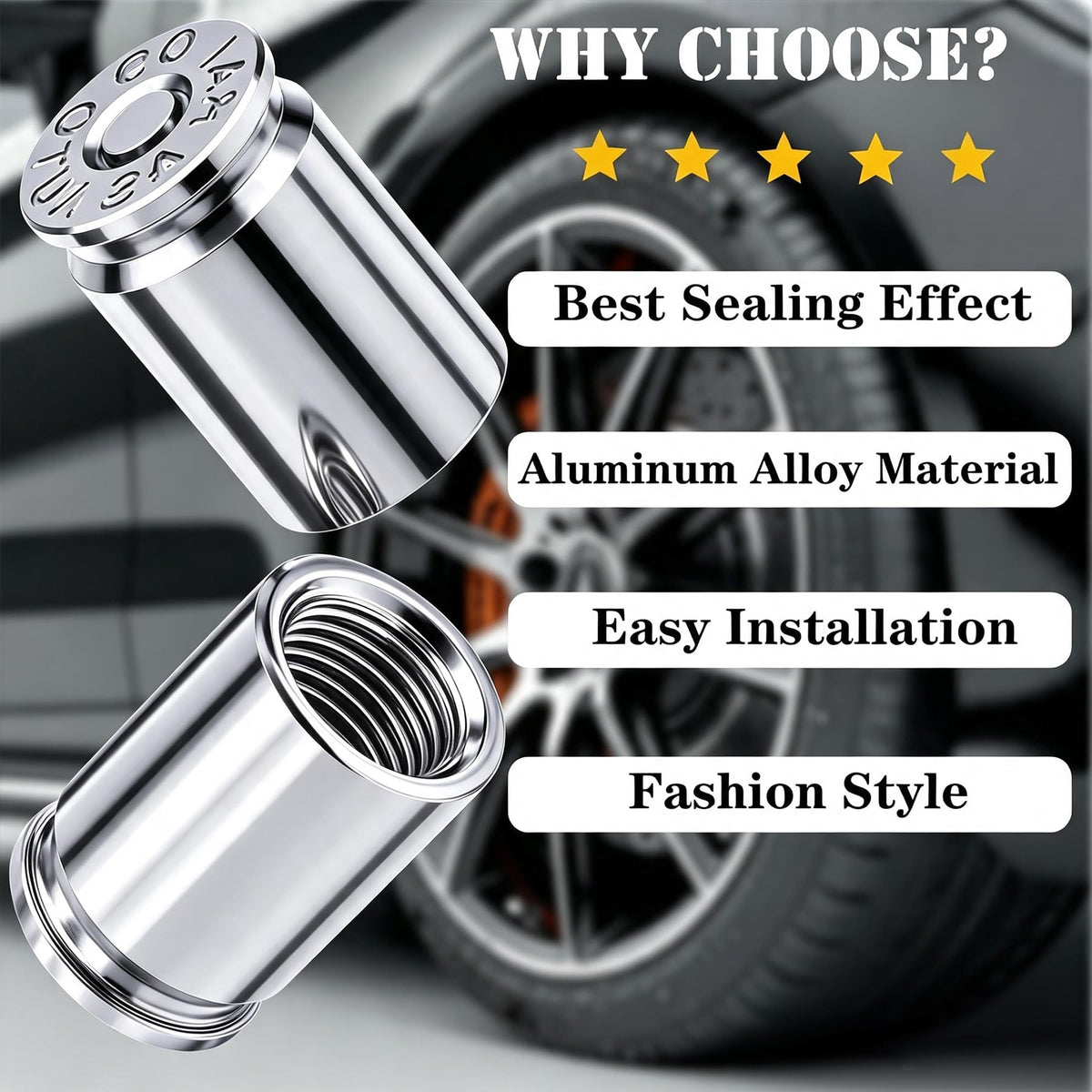 4PCS Bullet Shell Tire Valve Stem Caps, Aluminum Alloy Car Air Stem Cap, Universal Dustproof Tire Valve Stem Covers for Cars, SUV, Trucks, Bikes, Motorcycles, Bicycles (Black)