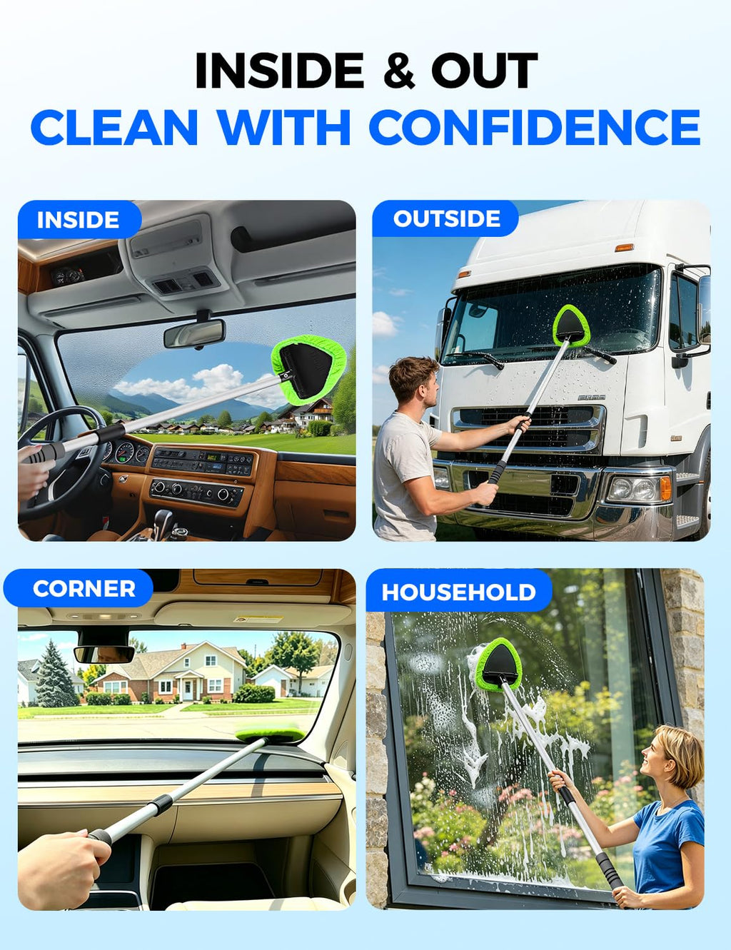 XINDELL Interior Windshield Cleaner Tool – Car Interior Window Cleaning Kit with Extendable Handle & 4 Microfiber Pads, Auto Wiper Inside Compact Windshield Brush for Car & Home Windows