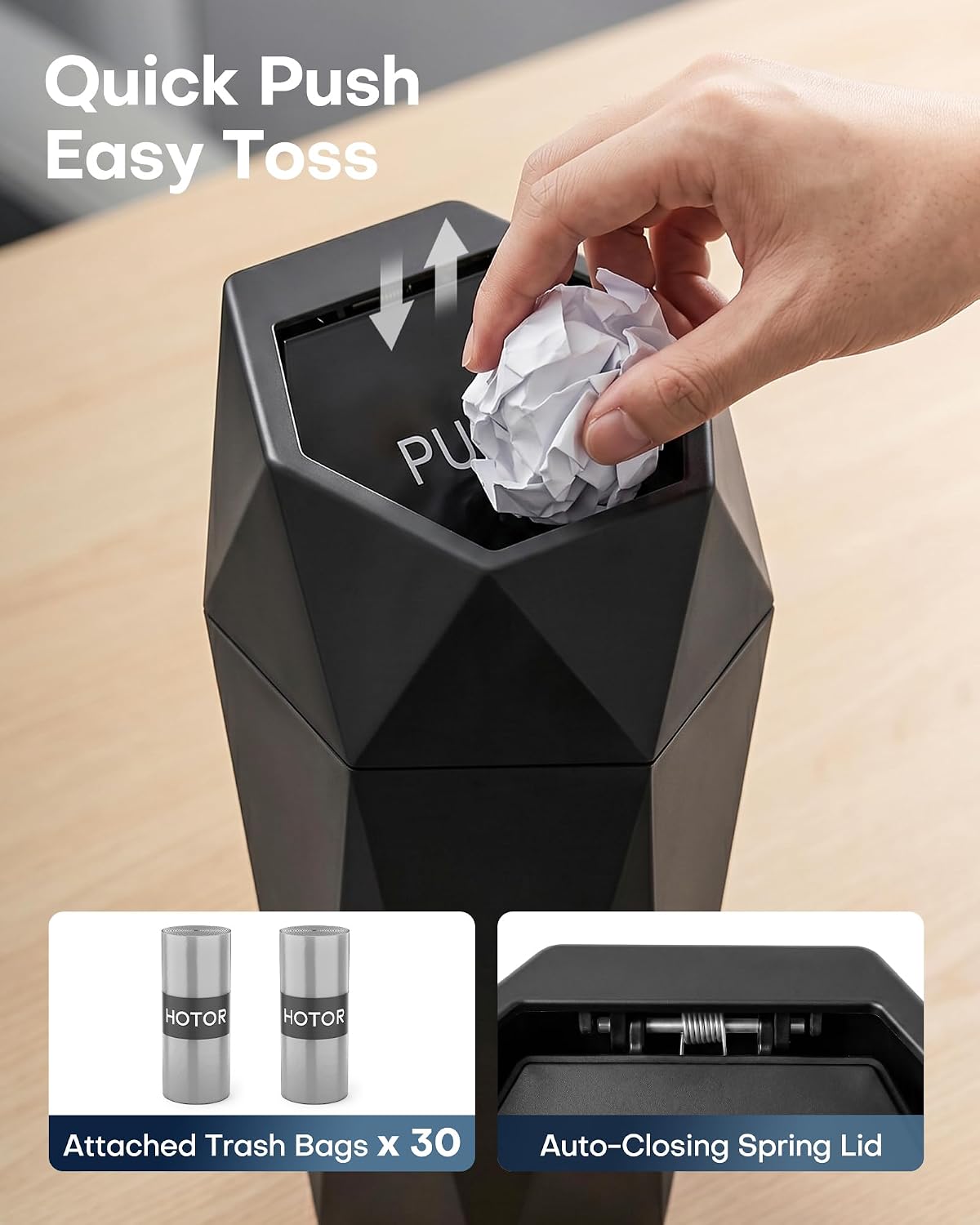 HOTOR Car Trash Can with Lid, Leakproof, Black, 2 Pack