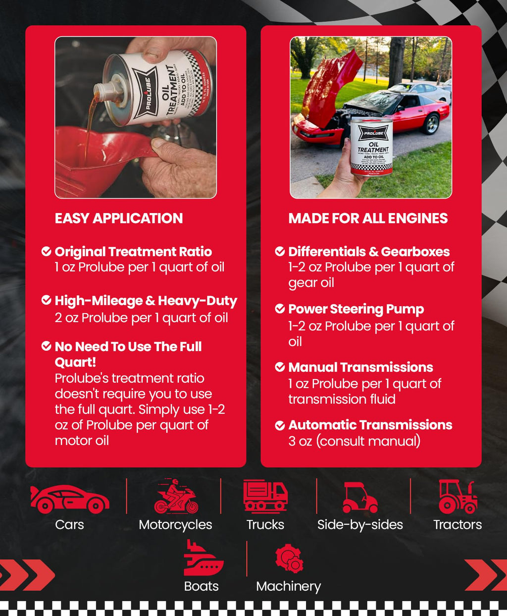 Prolube Oil Treatment - Engine Oil Additive for Gas & Diesel Engines - Reduces Wear, Noise, Vibration - Boosts Fuel Economy & Horsepower - Works on Transmissions & Differentials (1QT)