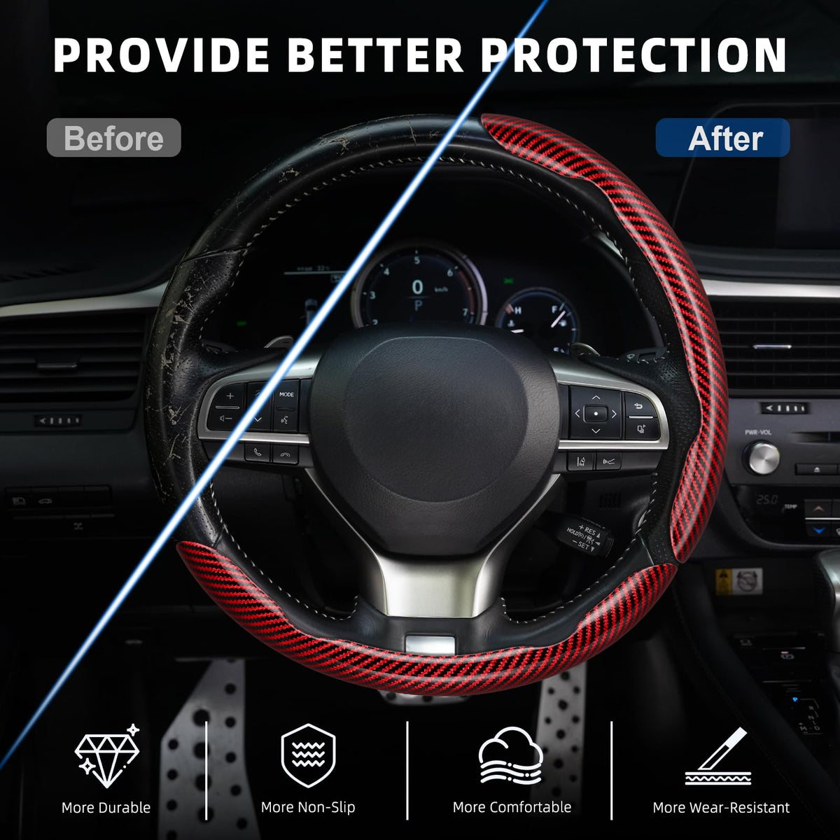 3pcs Carbon Fiber Anti-Skid Steering Wheel Cover, Waterproof & Segmented Butterfly Design, Universal 99% Vehicle Wheel Cover Protector, Car Interior Accessories (Black-3pcs)