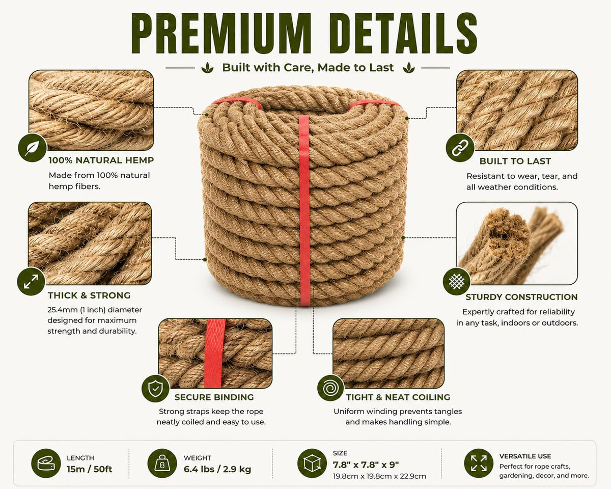 Natural Jute Twine, 8MM x 50FT Jute Rope Roll, Heavy Duty Thick Twine for Cat Scratching Post, Bundling, Gardening and DIY Crafts