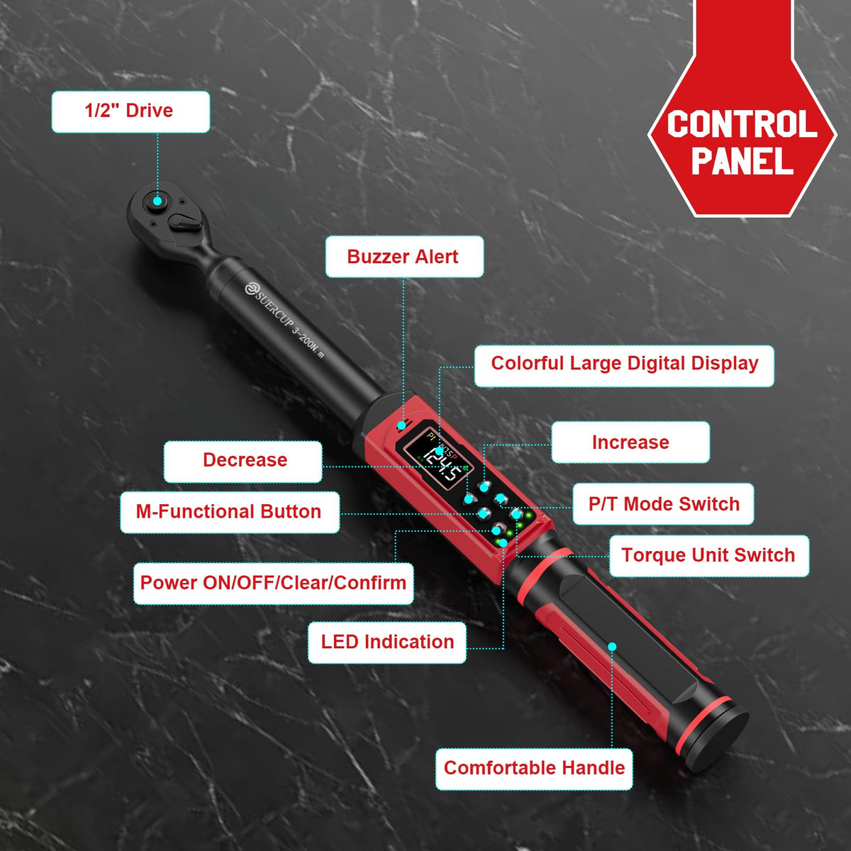SUERCUP 1/2" Digital Torque Wrench, 2.2-147.5Ft.Lb/3-200N.m, ±1% Accuracy