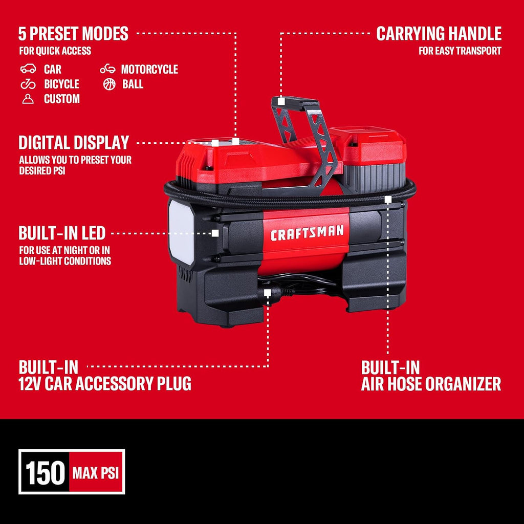CRAFTSMAN Portable 12V Tire Inflator with Digital Gauge & Auto Shut-Off