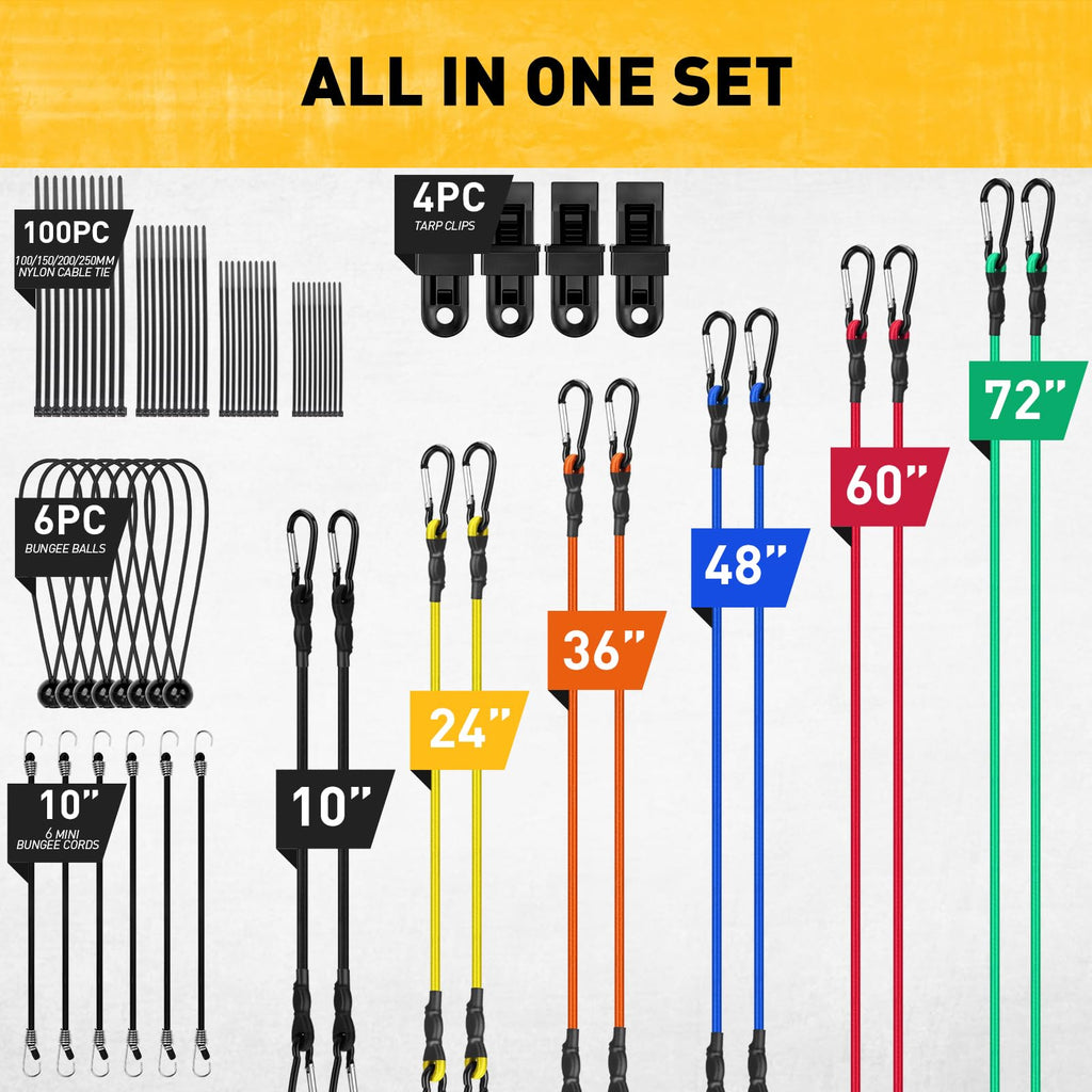 Bungee Cords Heavy Duty Outdoor: 20 Pcs Premium Rubber Bungee Cords with Hooks in a Storage Jar Includes 10", 18", 24", 30", 36", 48" Bungee Cord for Camping, Tent, Fastening Items