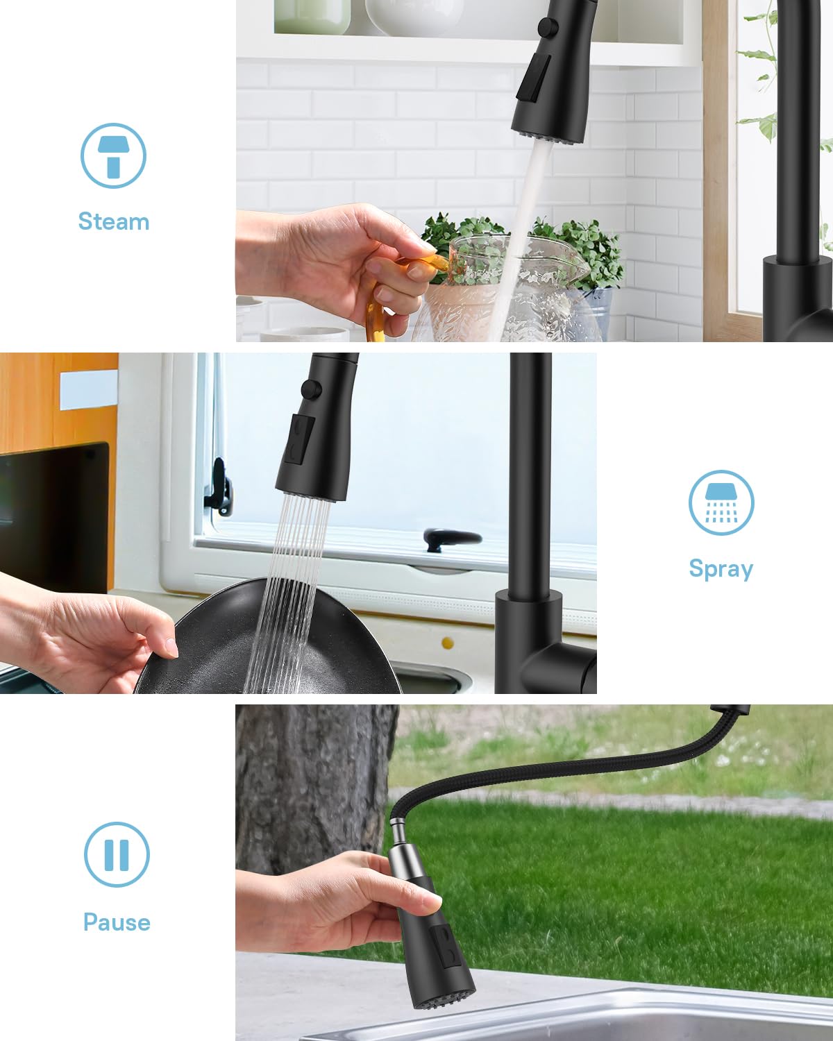 WEWE High-Arc Pull-Down Kitchen Faucet, Brushed Nickel, 3-Mode Sprayer