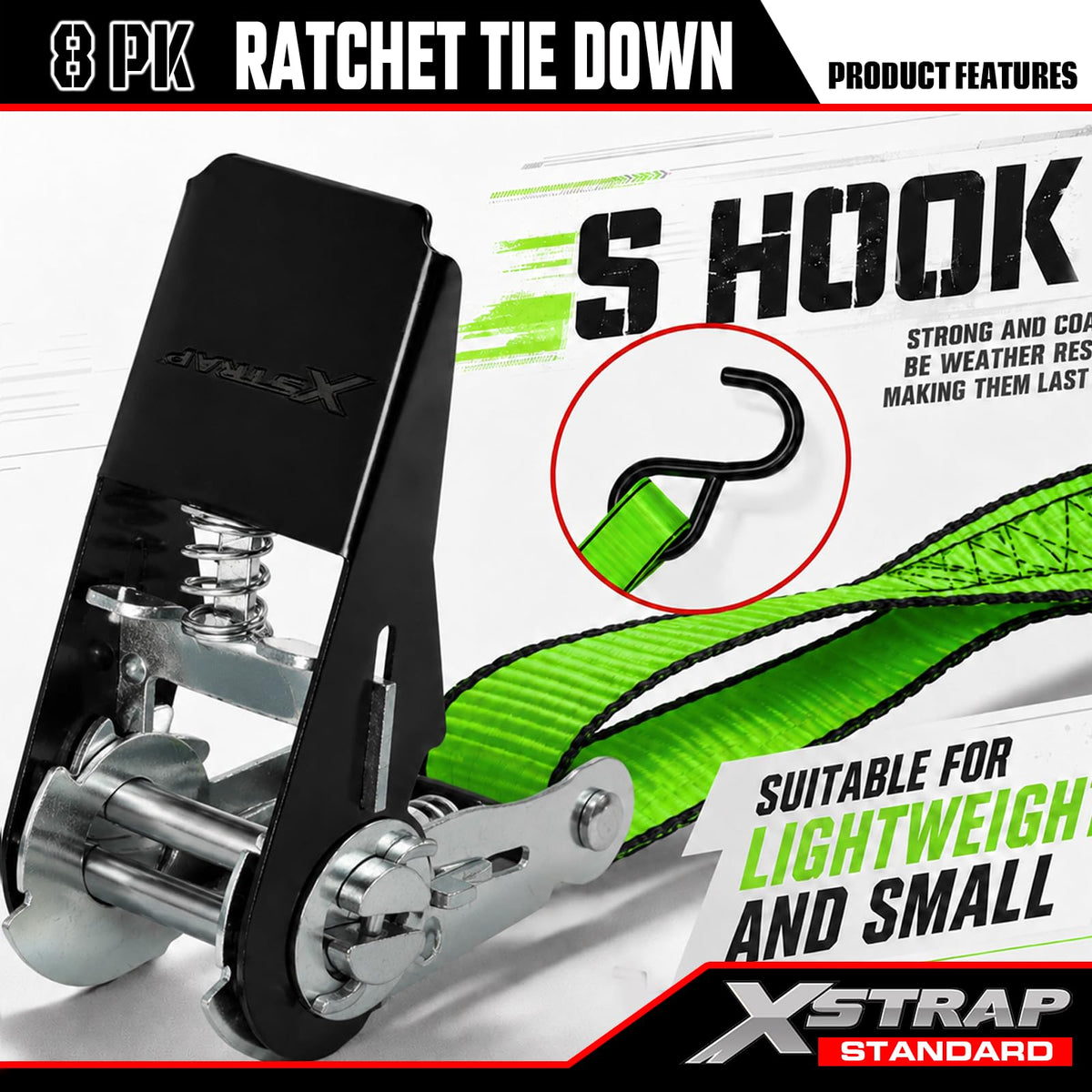 XSTRAP STANDARD 8-PK Ratchet Tie Down Straps, 1" x 10FT Cargo Straps, Black