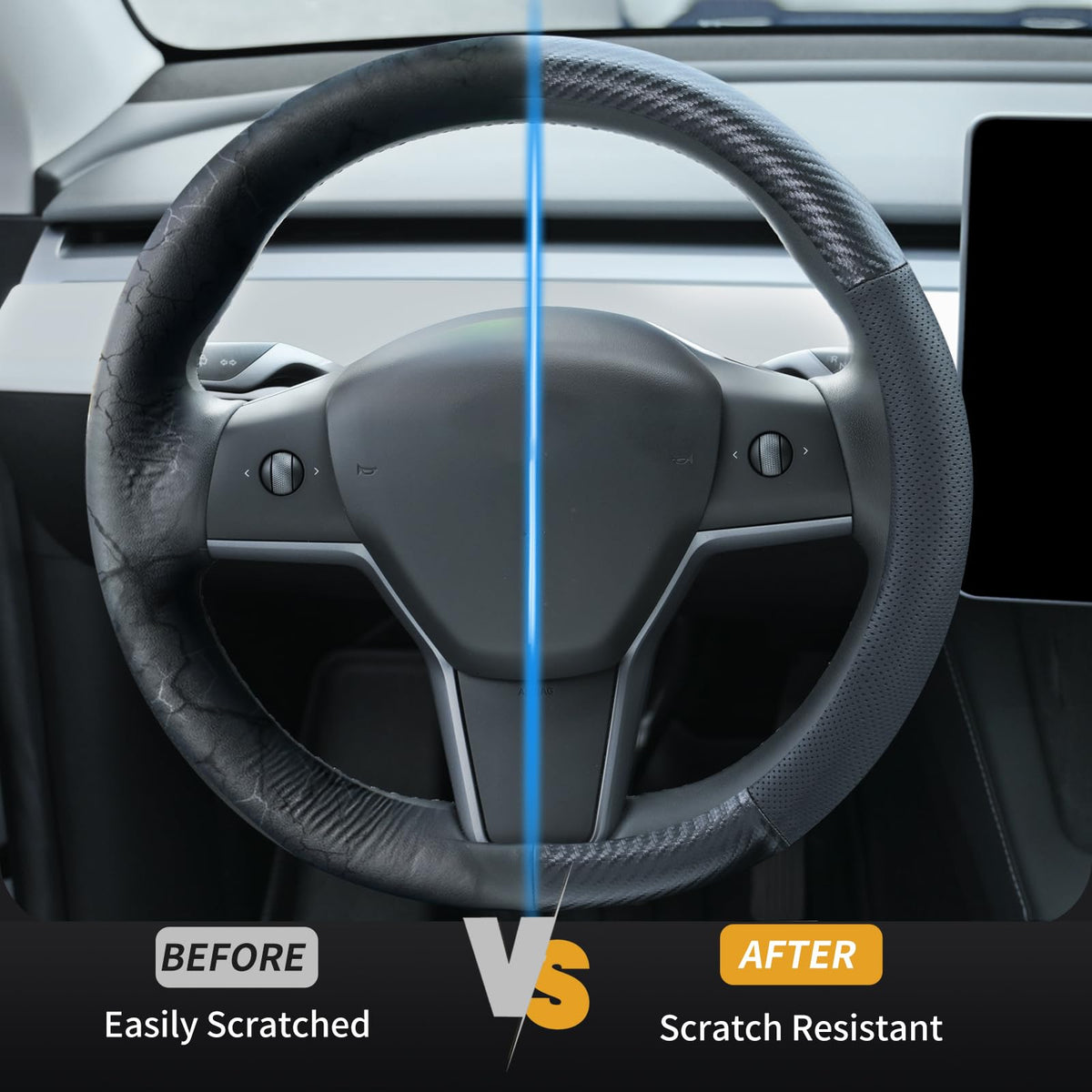 Uxcer Nappa Leather Steering Wheel Cover Compatible with Tesla Model 3/Y 2016-2025 2026 Juniper/Highland, Non-Slip Breathable Model 3/Y Steering Wheel Protector, Black
