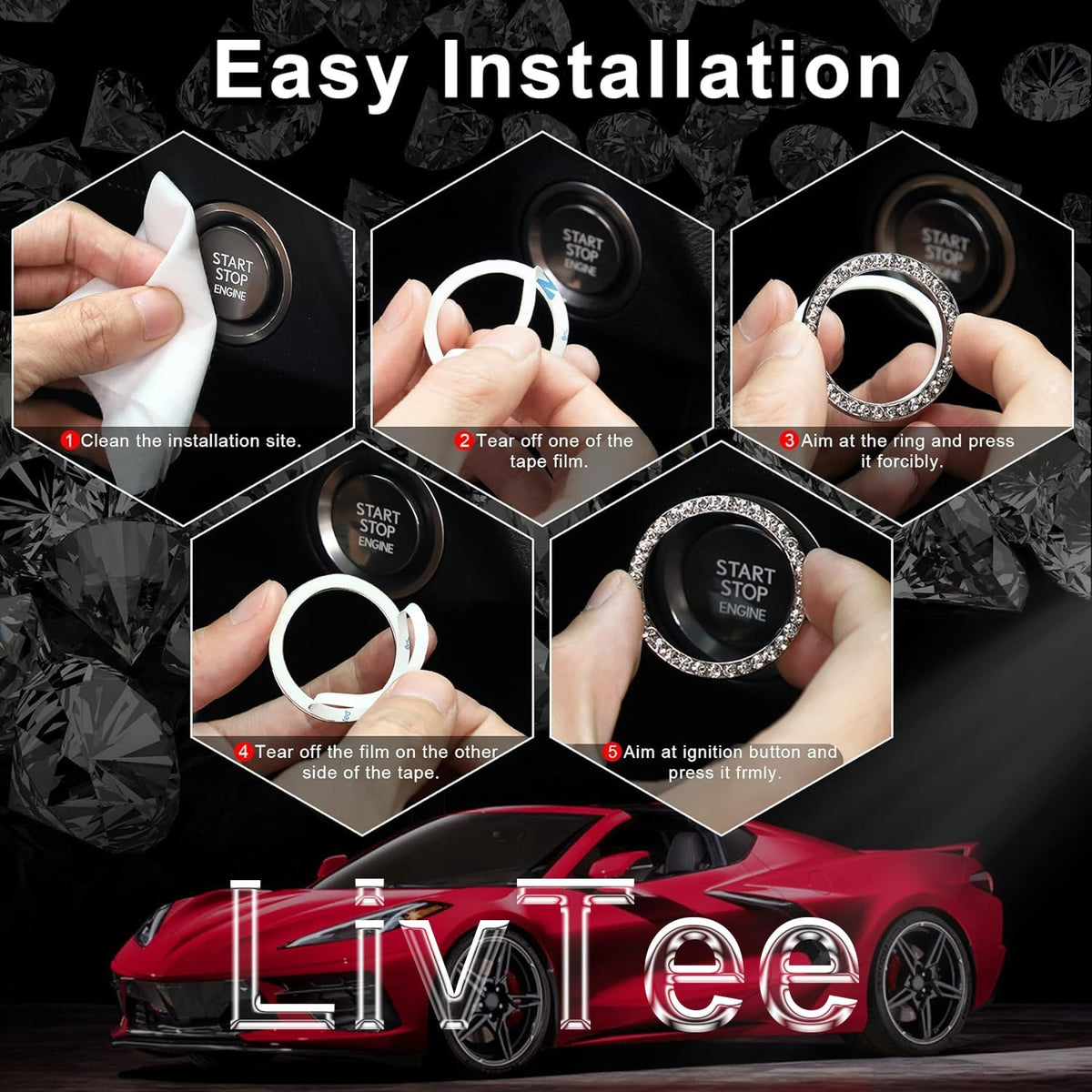 LivTee 2 PCS Crystal Double Rhinestone Car Engine Start Stop Decoration Ring, Bling Car Interior Accessories for Women, Push to Start Button Cover Sticker, Automotive Decals, White
