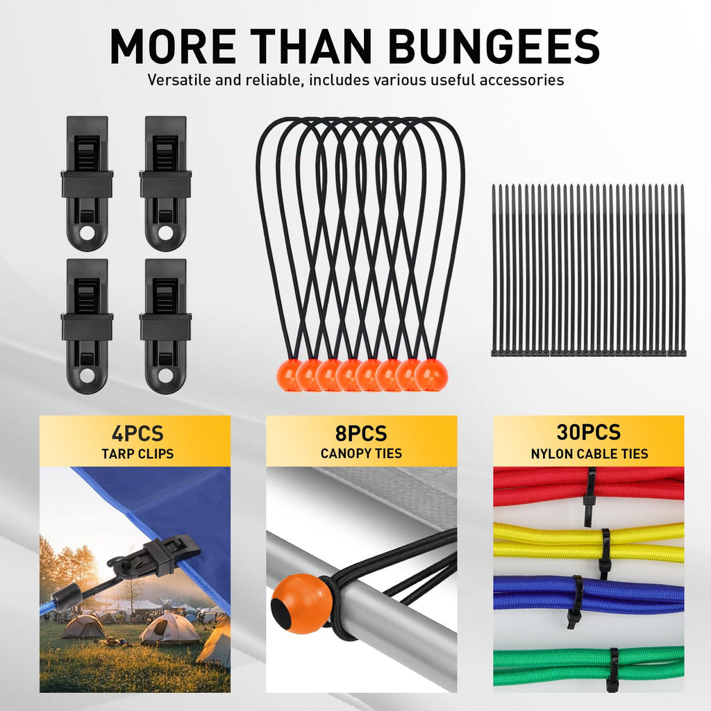 Bungee Cords Heavy Duty Outdoor: 20 Pcs Premium Rubber Bungee Cords with Hooks in a Storage Jar Includes 10", 18", 24", 30", 36", 48" Bungee Cord for Camping, Tent, Fastening Items